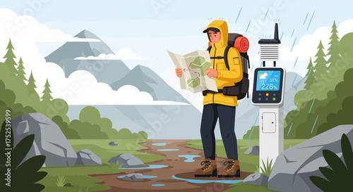 Navigating rainfall: a hiker uses technology in mountainous terrain on a stormy day