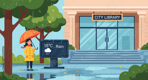 Rainy day at the city library: A woman seeks refuge from the downpour