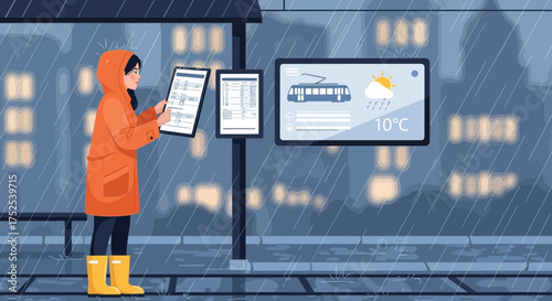 Woman Checks Transportation Schedules at Rainy Bus Stop with Weather Forecast