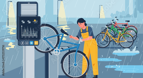 Illustration depicting a woman repairing a bicycle in a rainy public space