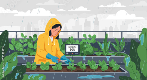 Urban rooftop gardening in the rain, sustainable lifestyle in the city concept