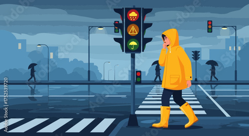 Rainy day pedestrian with raincoat crossing wet street at traffic lights