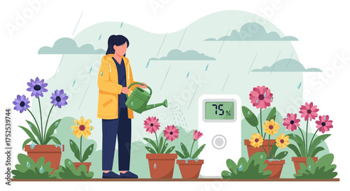 Woman tending to her garden with care and monitoring humidity during rainfall