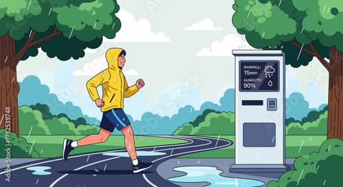 Resilient runner jogging through a rainy park with up-to-date weather monitoring