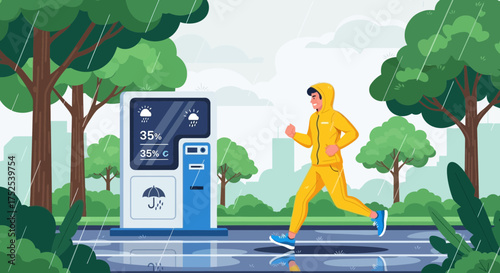 A Man jogging in the park during rain near a weather station screen graphic