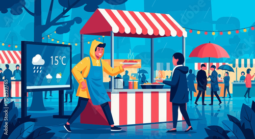 Rainy day food market scene with vendors and customers under awnings and umbrellas