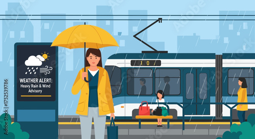 Raining day with wind advisory at tram station with commuters waiting