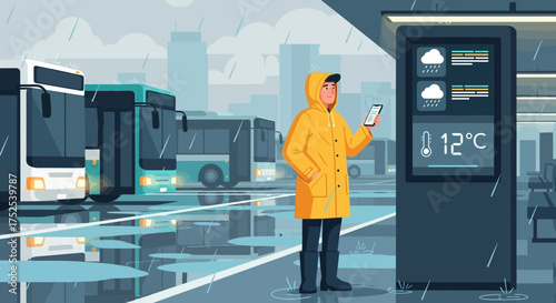 A commuter using a smartphone while waiting at a digital bus stop display in rain