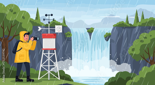 Capturing nature's fury: a photographer near a weather station by a waterfall