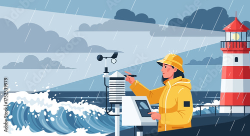 Coastal Weather Observation in Rainy Conditions with Lighthouse in the Background