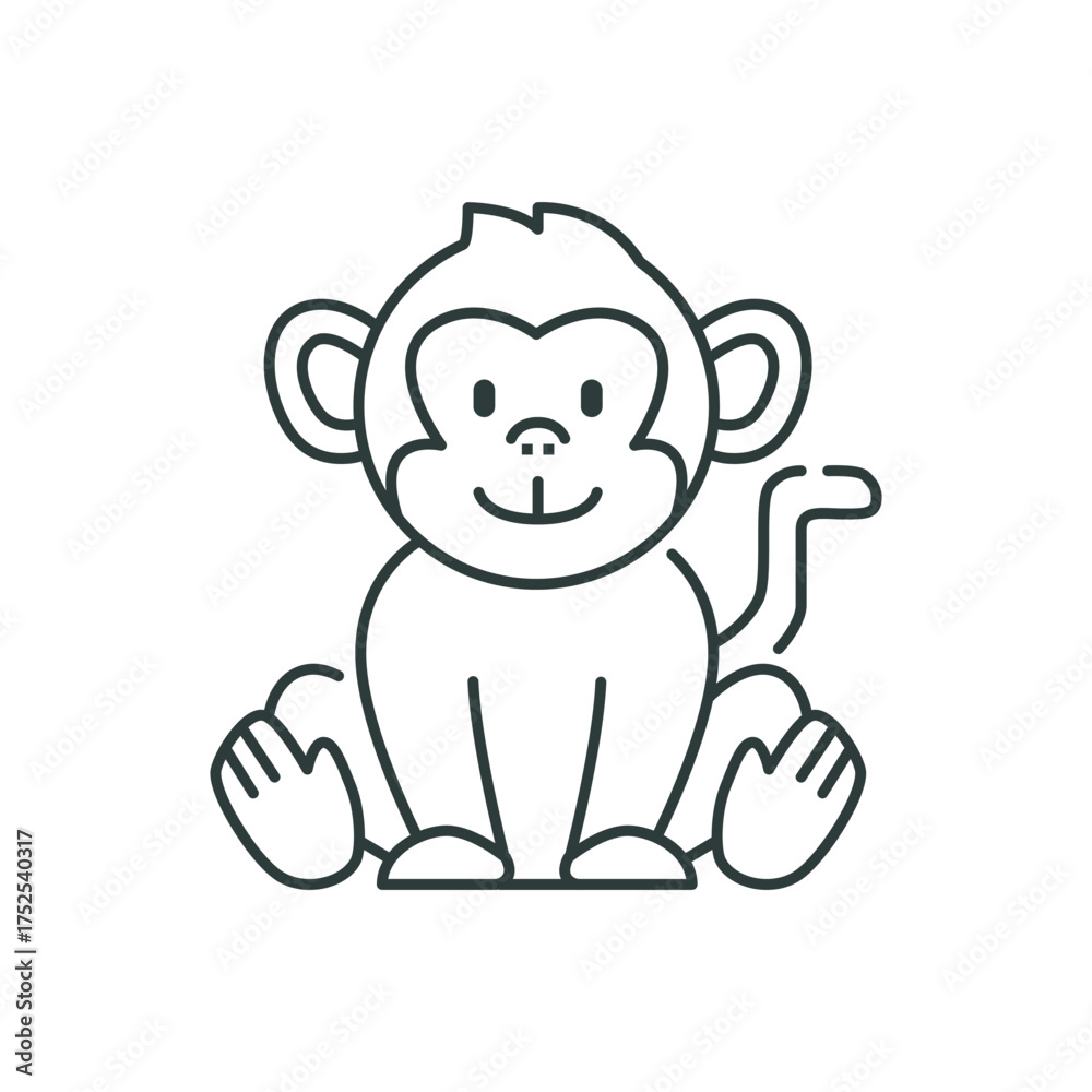 Fototapeta premium A line drawing of a seated monkey with a smiling face visible tail and hands resting on the ground. editable line icon