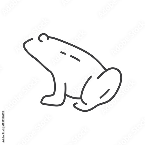 A minimalist lineart depiction of a frog in profile featuring simple strokes and rounded forms. editable line icon
