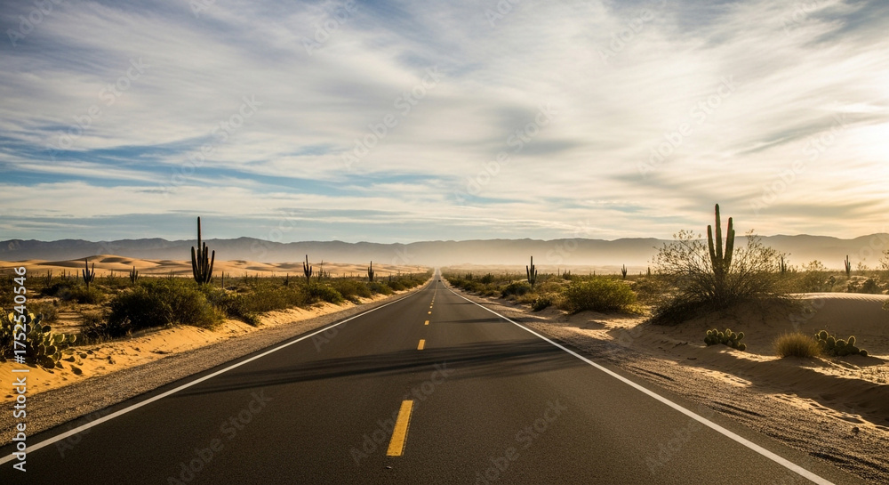Fototapeta premium A long road stretches through the arid desert landscape, flanked by cacti and scrub brush, under a vast sky with scattered clouds, bathed in the warm glow of the setting sun