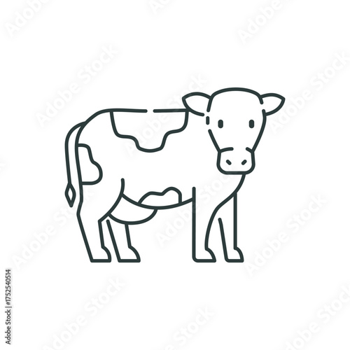 A simple linedrawn cow stands sideways featuring black spots and a thick tail. editable line icon