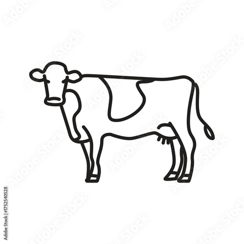 A simplified line drawing of a cow depicted in black outline. editable line icon