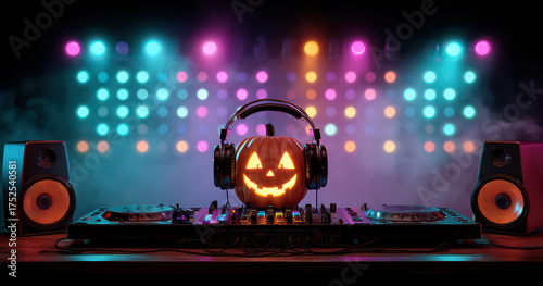 Spooky Halloween party pumpkin DJ with carved glowing face wearing headphones in nightclub lights
