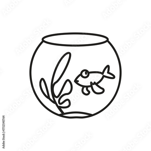 Black outline drawing of a fishbowl containing a fish  plant. editable line icon