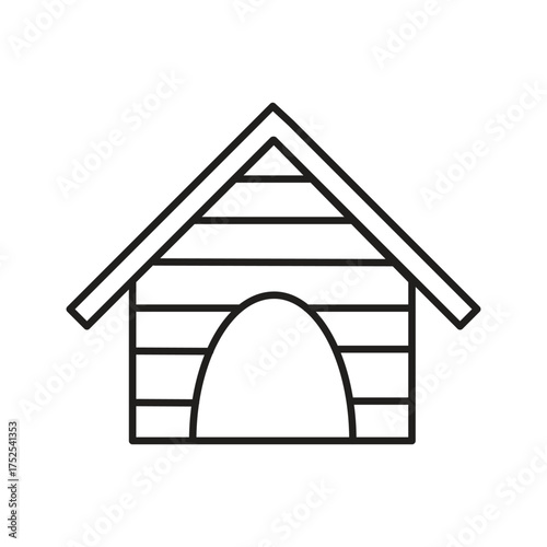 Doghouse with arched entrance and planked design under a gabled roof. editable line icon