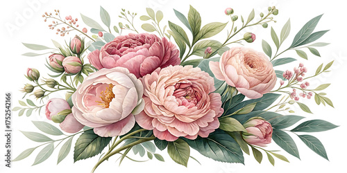 Fototapeta Naklejka Na Ścianę i Meble -  Romantic Pink Peony Flowers Watercolor Painting