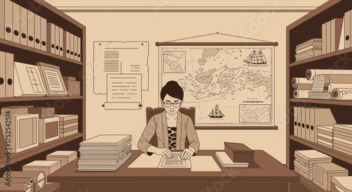 Vintage office interior with a professional woman at a desk reviewing documents