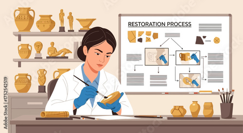 A Female Archaeologist Carefully Restoring an Ancient Artifact in Her Laboratory