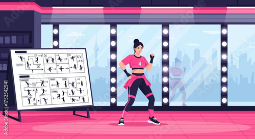 Energetic dance routine illustration in a bright studio with instruction board
