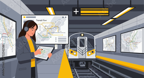 Navigating urban transit: Woman using digital map while waiting for train