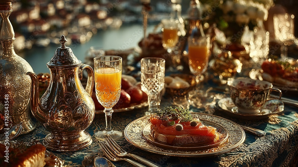 Naklejka premium Elaborate table setting with drinks food and ornate silverware in warm light.