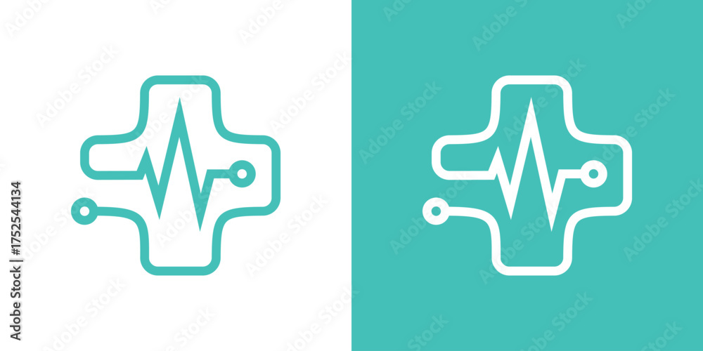 Obraz premium Modern logo combining a medical cross and heartbeat line with digital technology style. Symbolizes healthcare innovation, connection, and modern medical solutions.