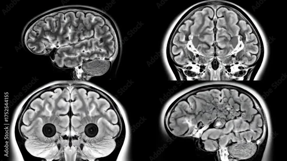 Black and White MRI Scan Displaying Human Brain Cross Sections สต็อก ...