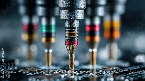 Close-up of probes touching a circuit board with colorful bands on the probes.