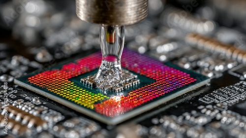 Macro shot of a processor with thermal paste being applied to the surface.