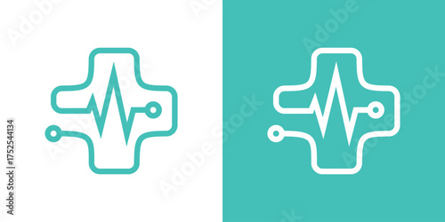 Modern logo combining a medical cross and heartbeat line with digital technology style. Symbolizes healthcare innovation, connection, and modern medical solutions.