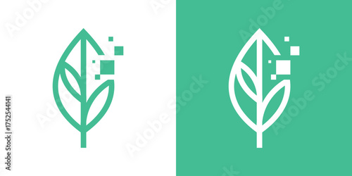 Modern logo combining a leaf and digital pixels, symbolizing technology, innovation, and eco-friendly growth. Perfect for green tech, digital business, or sustainable brand identity.