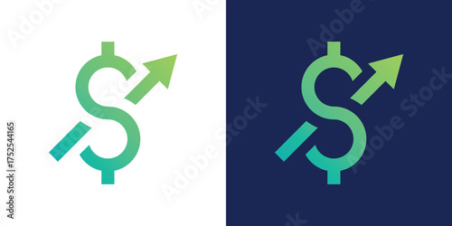 Modern logo combining an upward arrow and dollar symbol, representing financial growth, success, and investment progress. Perfect for finance, business, or economic branding.