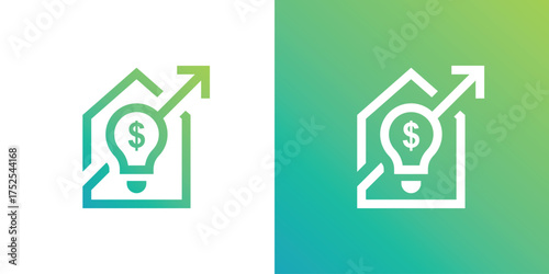 Modern logo combining a house, growth arrow, dollar sign, and light bulb. Symbolizes smart investment, financial growth, property development, and innovative business strategy.