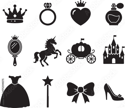 Magical Embellishments: A collection of iconic symbols evoking the charm of fairytale fantasies, ideal for design and decorative purposes.