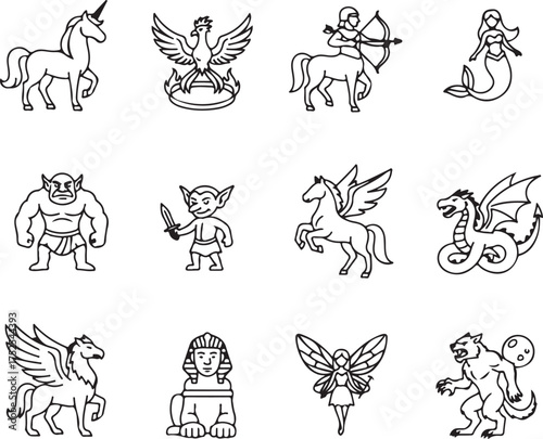 Magical Beings: A collection of magical creatures, carefully drawn with delicate lines, ready to ignite imagination and transport viewers to a world of fantasy and wonder.