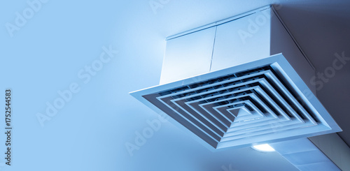 Ceiling ventilation shaft. Vents grille. Ventilation pipe for air intake. Shafts for oxygen purification in room. Ventilation shaft for air filtration. Air conditioning equipment. 