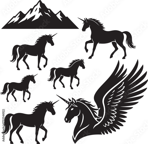 Majestic Unicorns Silhouette : A collection of elegant unicorn silhouettes, along with a detailed depiction of the mountain, gracefully poised. Evoking a sense of enchantment and allure.