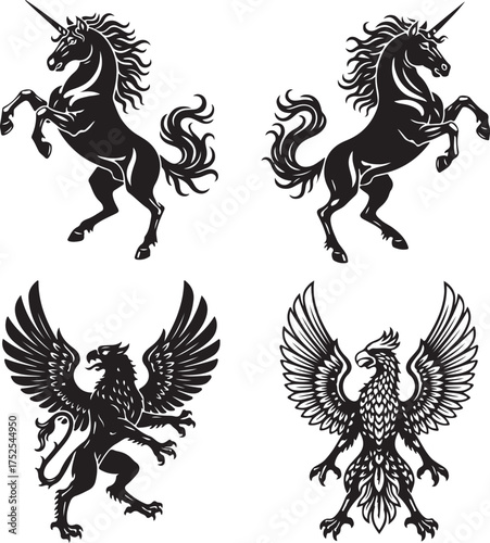 Mythical Beasts Heraldry: A collection of meticulously crafted heraldic illustrations, featuring regal unicorns and majestic griffins, representing power, grace, and timeless symbolism.