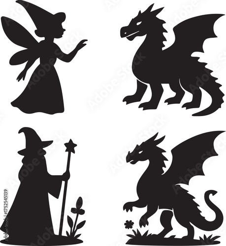 Enchanting Silhouette Fantasy Figures: A collection of captivating silhouettes featuring a fairy, dragon, and wizard, ideal for creative projects with a touch of whimsy.