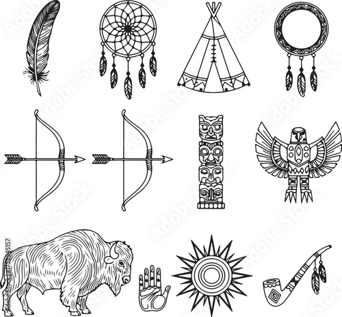 American Tribal Symbols: A detailed illustration showcasing various symbols of the American tribal culture, including a dream catcher, teepee, bow and arrow, totem, and feather.