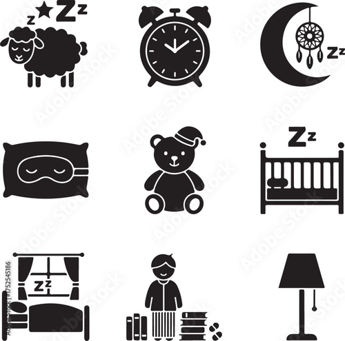 Sweet Dreams and Peaceful Nights: A collection of charming illustrations depicts the essence of a good night's sleep, featuring symbols of tranquility.
