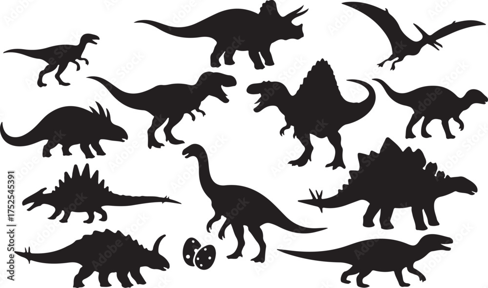 Naklejka premium Prehistoric Shadows: A collection of dynamic dinosaur silhouettes creates a sense of the primeval world. These dark shapes evoke curiosity.