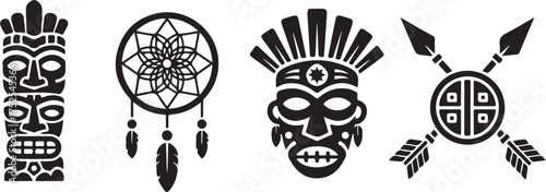 Native American Art and Symbols: A collection of intricate Native American symbols, showcasing the rich heritage and artistic traditions of indigenous cultures, includes dreamcatcher and tribal mask