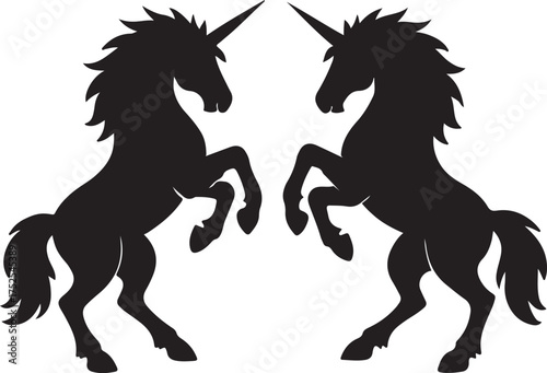 Mystical Encounter: Silhouette of two majestic unicorns, prancing gracefully, their spiraled horns piercing the sky, embody fantasy and enchantment.