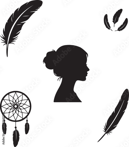 Mystical Dreamcatcher Silhouette: A composition of a delicate female silhouette, ethereal feathers, and a traditional dreamcatcher, all artfully arranged in striking black and white.