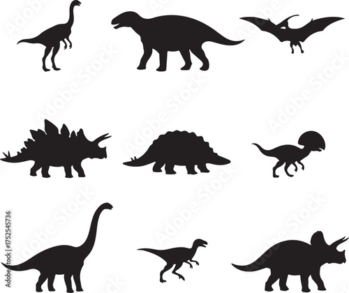 Dinosaurs Silhouette: A collection of dinosaur silhouettes, meticulously crafted to showcase diverse prehistoric species, each form a unique emblem of ancient life. 