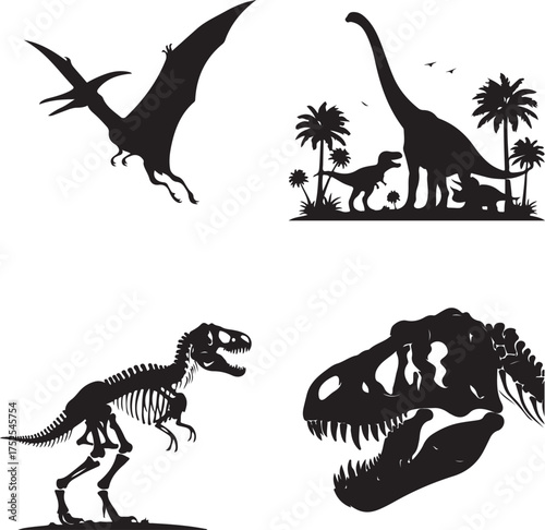 Dinosaur Silhouette Set: A set of detailed silhouettes showcasing various dinosaurs, including a Pterodactyl, a long-necked dinosaur, a T-Rex skeleton, and a T-Rex skull.